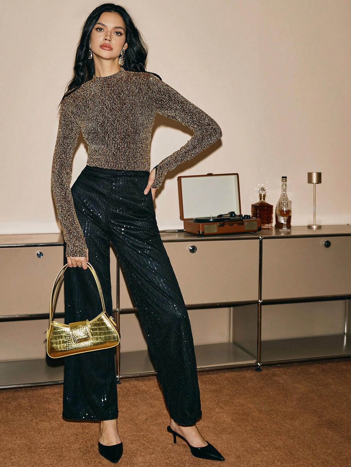 Poéselle Women's Long Sleeve Modified Fit Fashion Shiny Party Bottoming T-Shirt shein