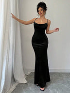MOOSTA Women Elegant Sexy Solid Color Fishtail Backless Halter Long Dress shein