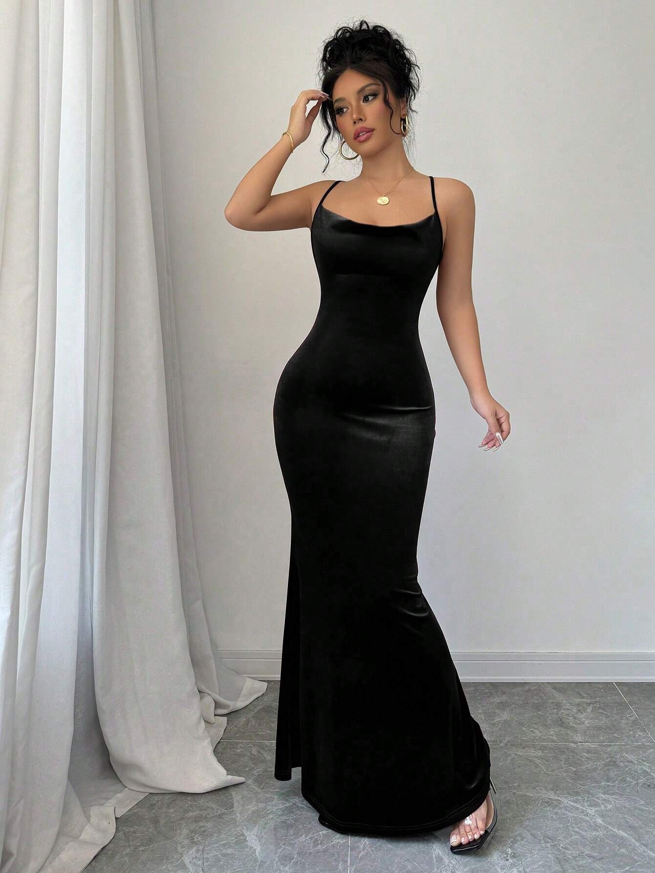MOOSTA Women Elegant Sexy Solid Color Fishtail Backless Halter Long Dress shein