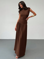 Aloruh New Elegant Stand Collar Pleatered Slim Fit Top And High Waist Skirt shein