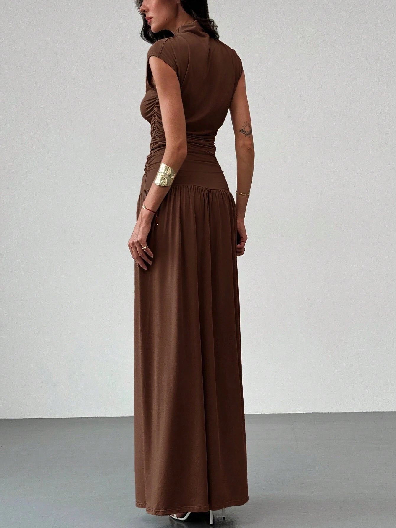 Aloruh New Elegant Stand Collar Pleatered Slim Fit Top And High Waist Skirt shein
