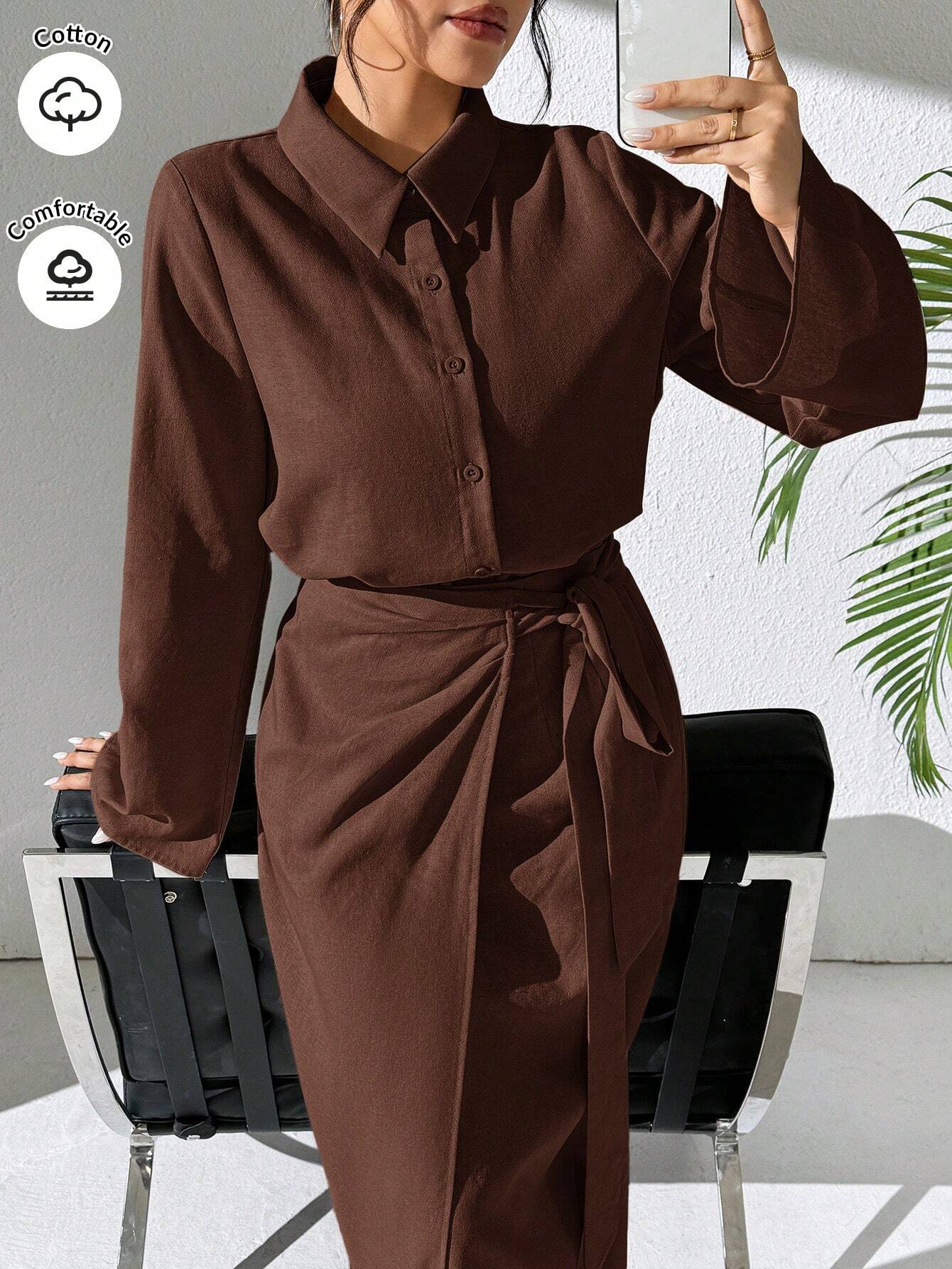 Mulvari 2pcs Women's Casual Button-Up Shirt And A-Line Skirt Set shein