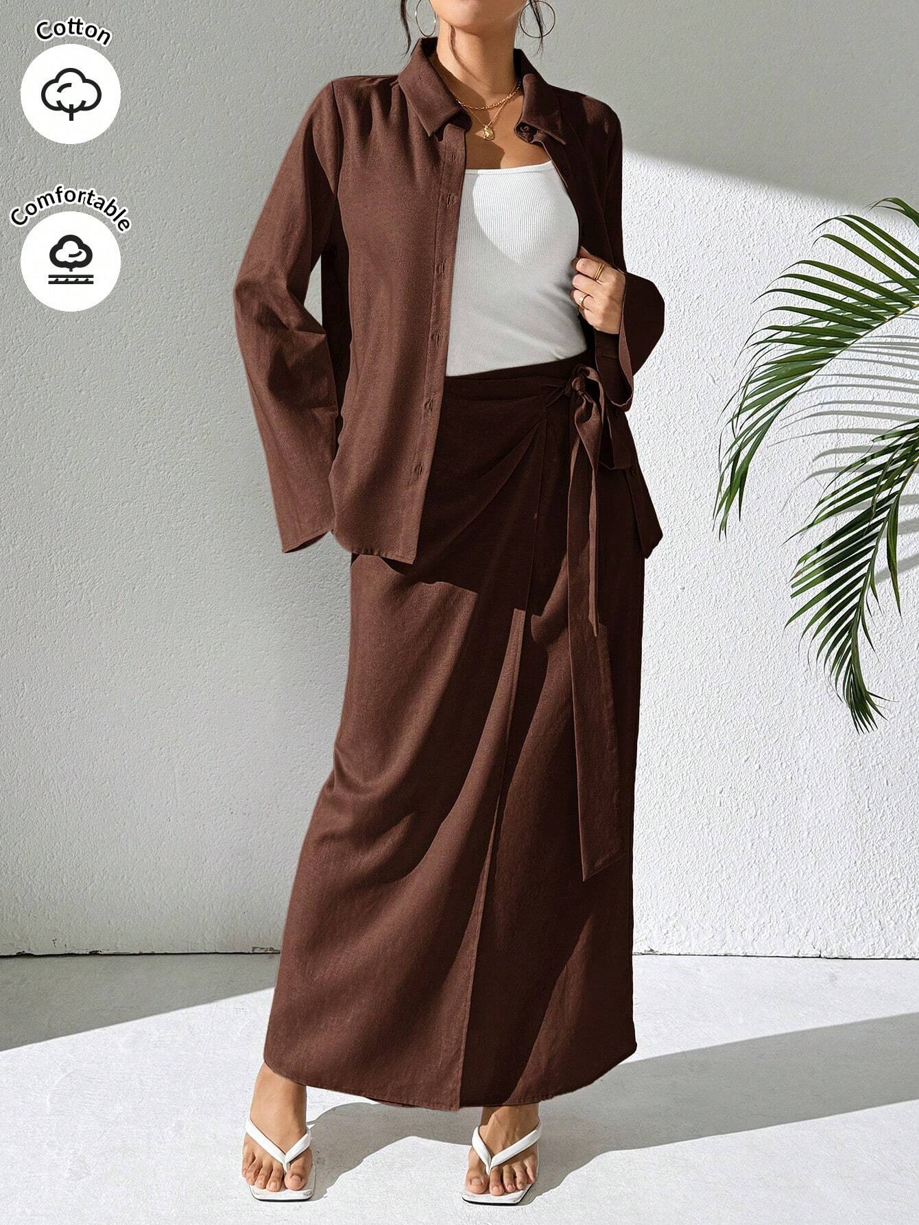 Mulvari 2pcs Women's Casual Button-Up Shirt And A-Line Skirt Set shein