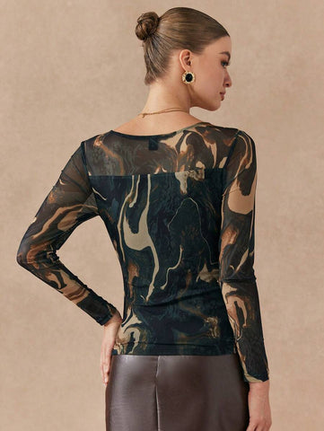 Women Square Neck Long Sleeve Casual T-Shirt