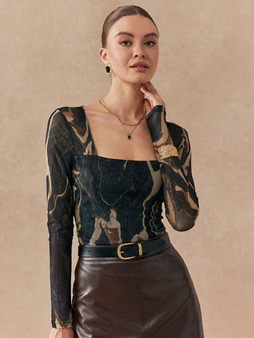Women Square Neck Long Sleeve Casual T-Shirt