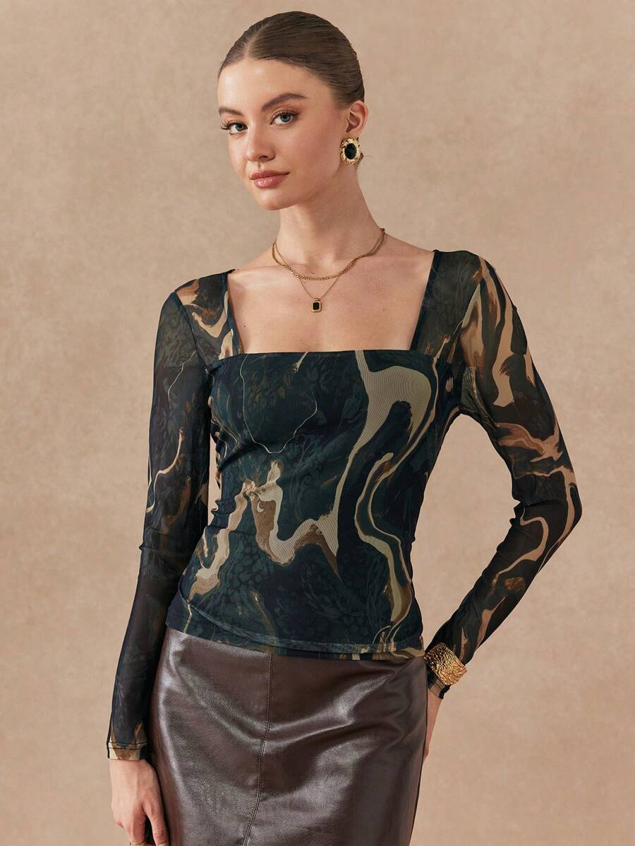 Women Square Neck Long Sleeve Casual T-Shirt