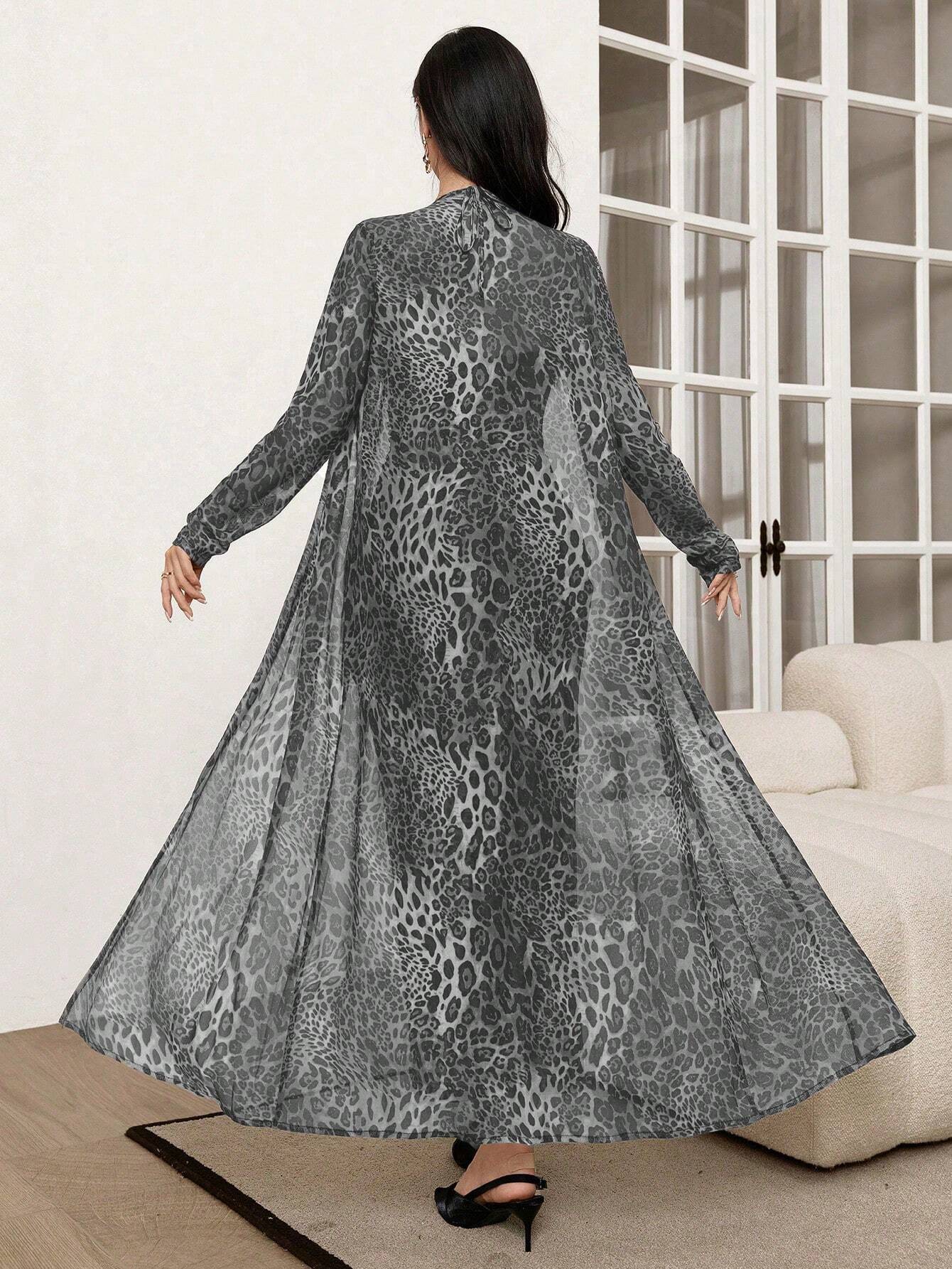 Modely 2pcs/Set Leopard Print Mesh Sleeveless Dress And Cardigan Shawl shein
