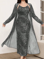 Modely 2pcs/Set Leopard Print Mesh Sleeveless Dress And Cardigan Shawl shein