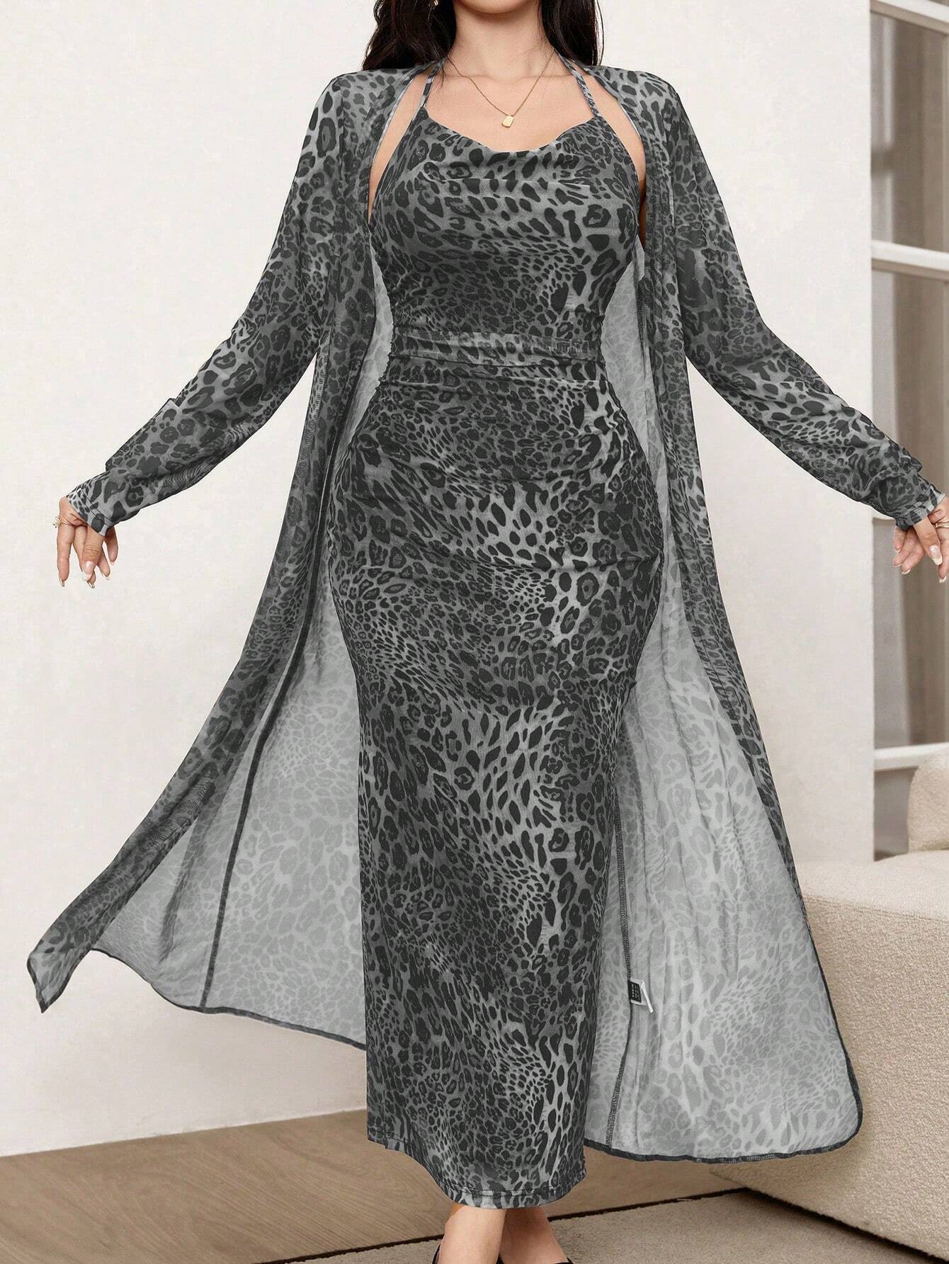 Modely 2pcs/Set Leopard Print Mesh Sleeveless Dress And Cardigan Shawl shein