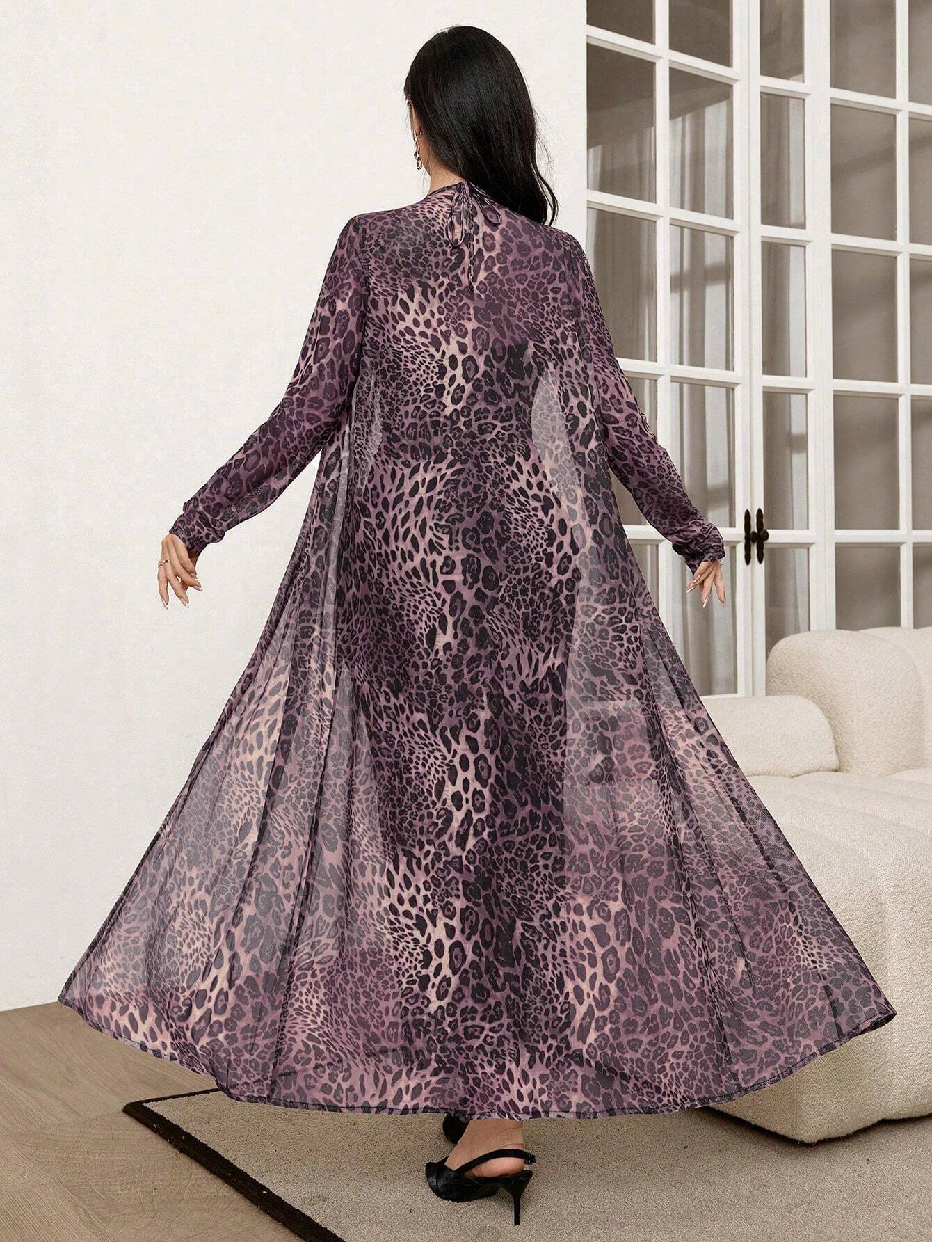 Modely 2pcs/Set Leopard Print Mesh Sleeveless Dress And Cardigan Shawl shein