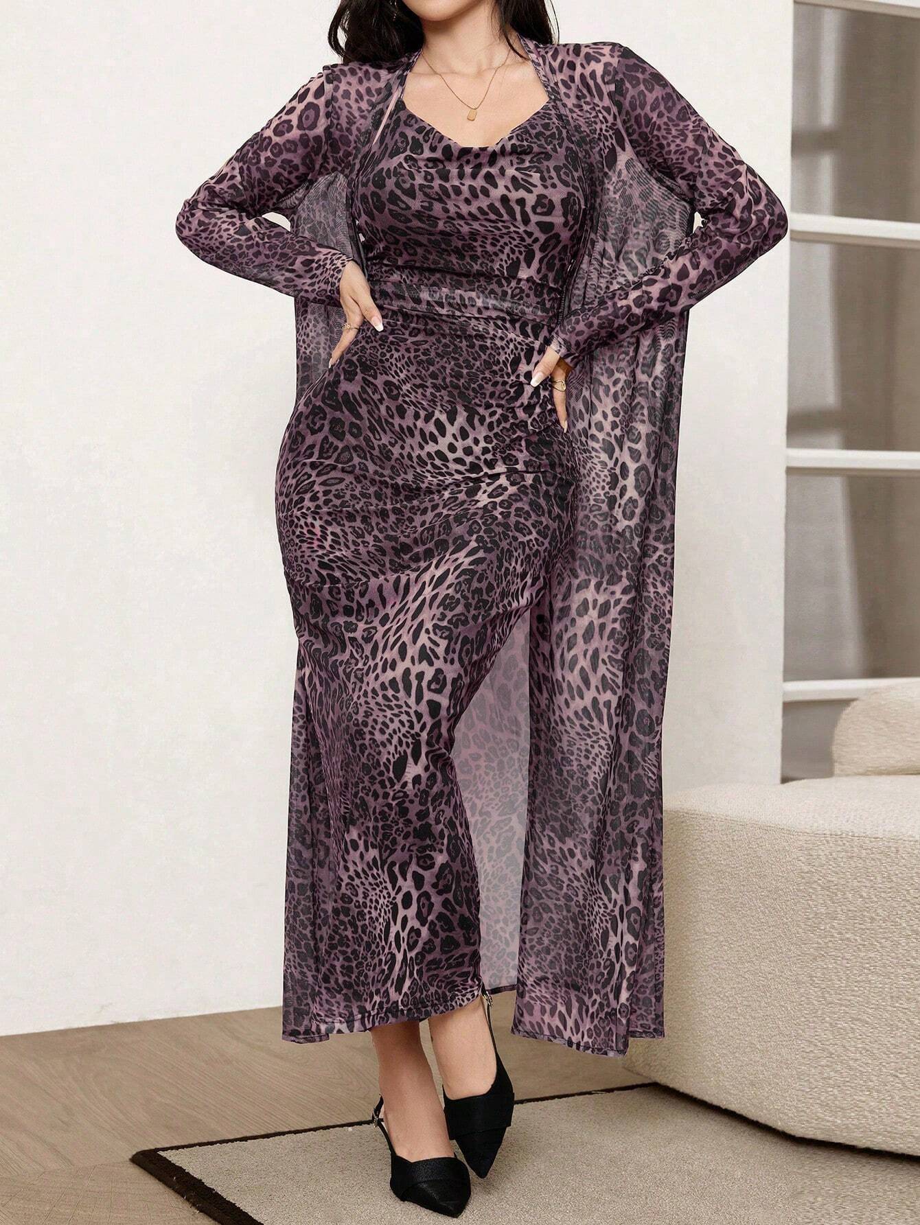 Modely 2pcs/Set Leopard Print Mesh Sleeveless Dress And Cardigan Shawl shein