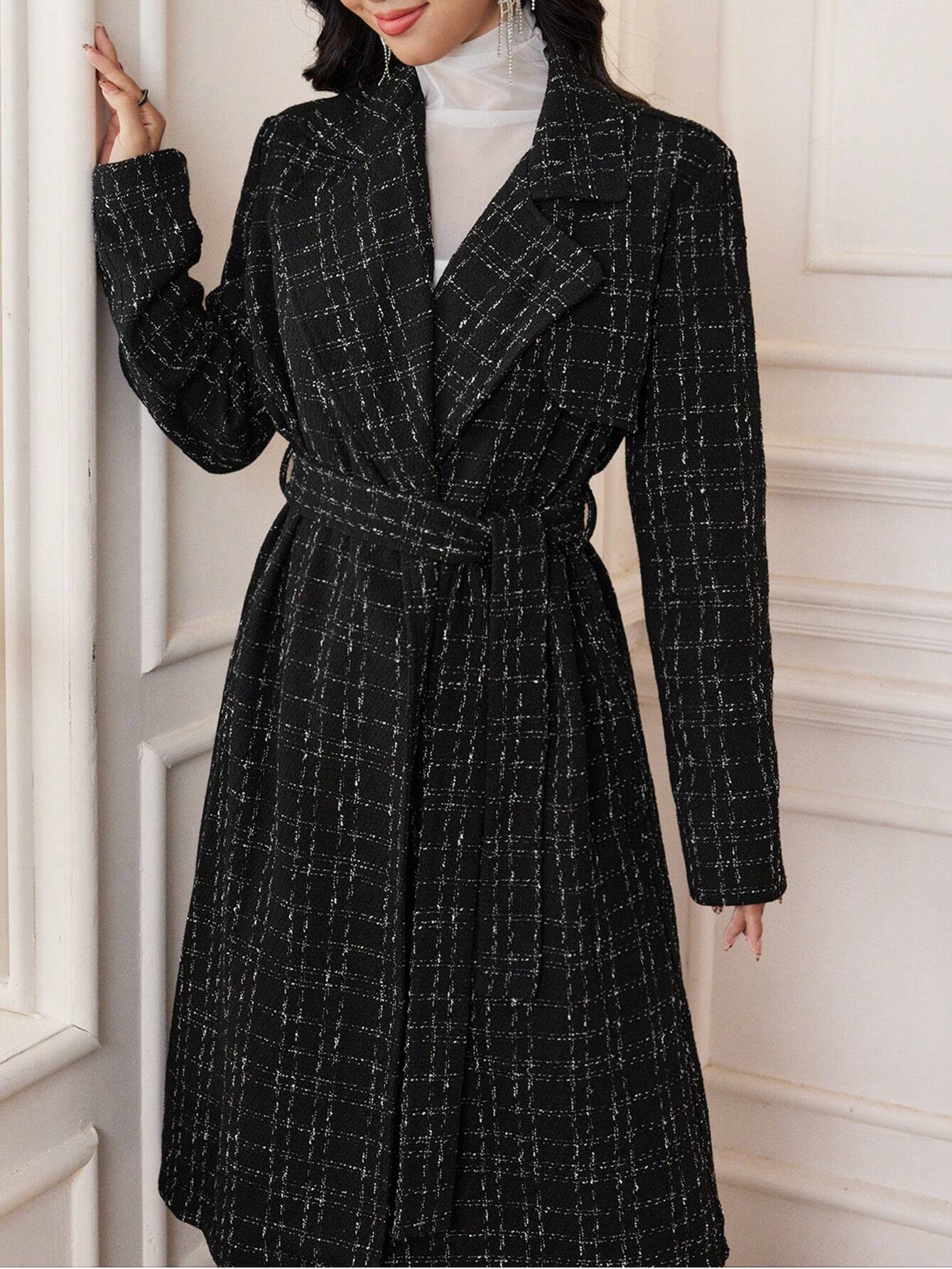 Modely 2pcs Elegant Women Plaid Crew Neck Long Sleeve Jacket And Pants Set shein
