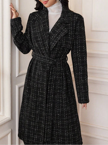 Modely 2pcs Elegant Women Plaid Crew Neck Long Sleeve Jacket And Pants Set