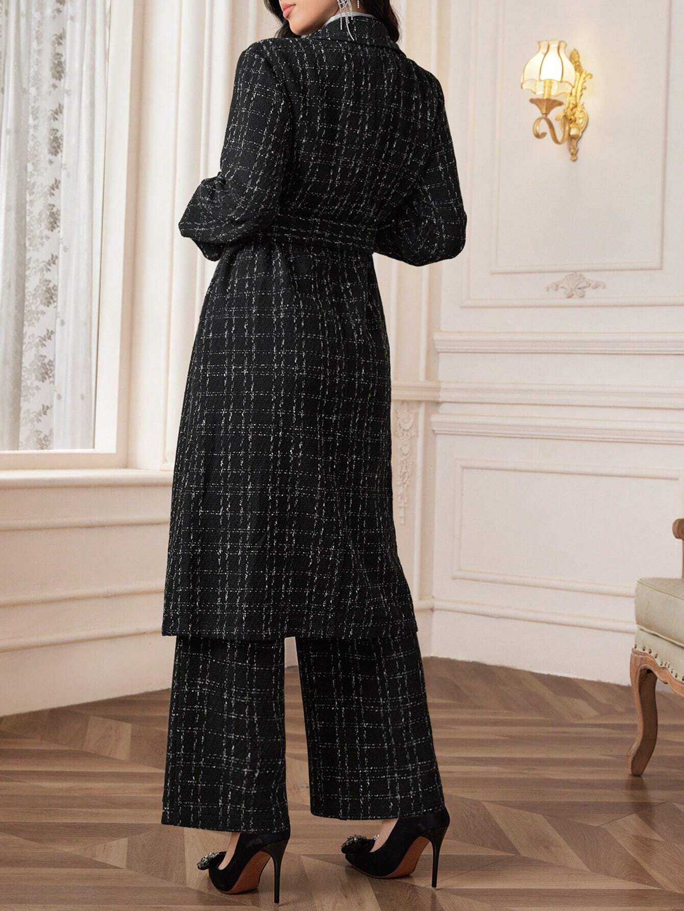 Modely 2pcs Elegant Women Plaid Crew Neck Long Sleeve Jacket And Pants Set shein