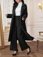 Modely 2pcs Elegant Women Plaid Crew Neck Long Sleeve Jacket And Pants Set shein