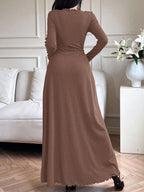 Mulvari Women's Solid Color Ruffle Trim Round Neck Long Sleeve Dress shein