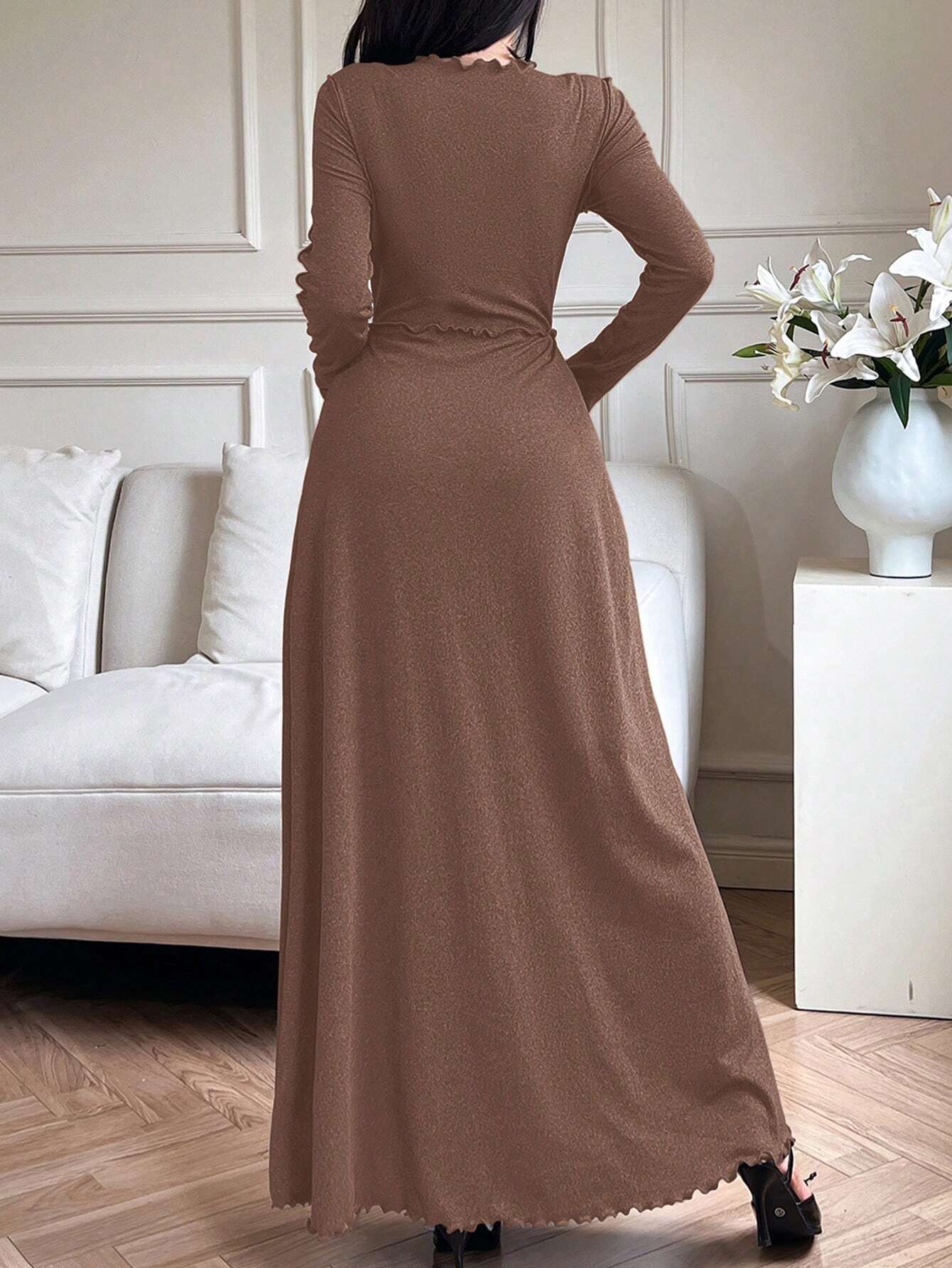 Mulvari Women's Solid Color Ruffle Trim Round Neck Long Sleeve Dress shein