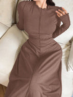 Mulvari Women's Solid Color Ruffle Trim Round Neck Long Sleeve Dress shein