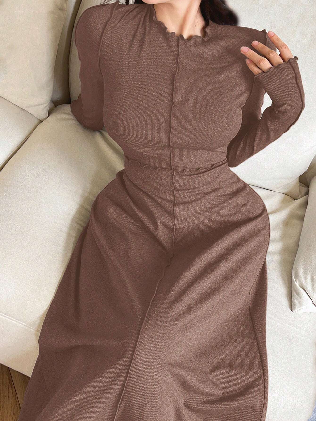 Mulvari Women's Solid Color Ruffle Trim Round Neck Long Sleeve Dress shein