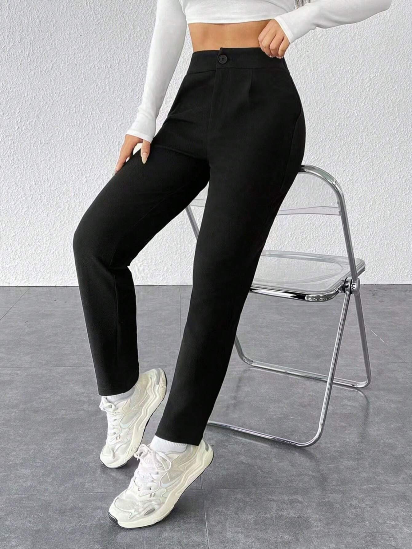 PETITE Solid Fold Pleated White Pants shein