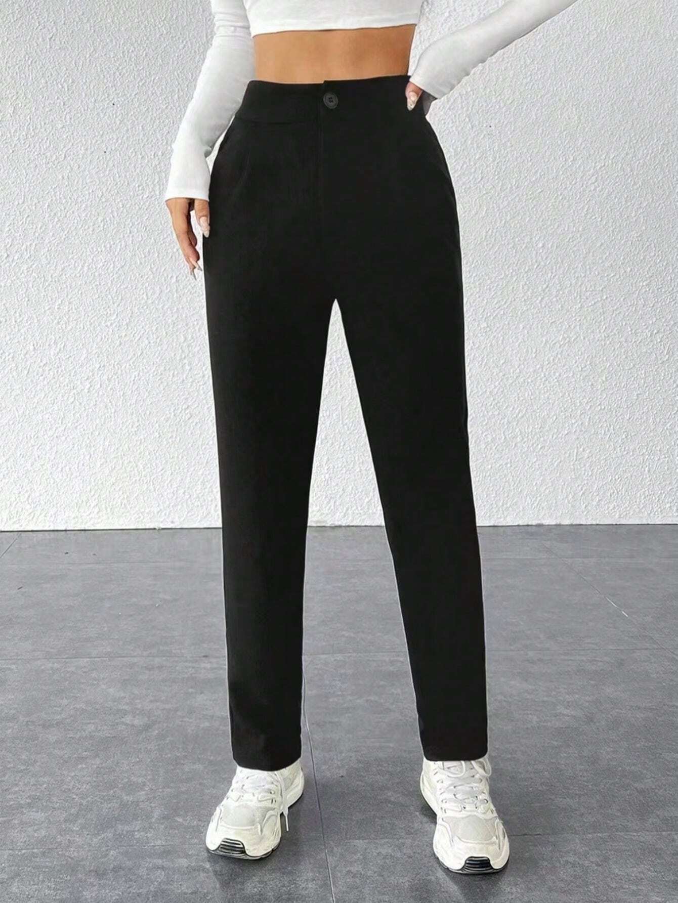 PETITE Solid Fold Pleated White Pants shein