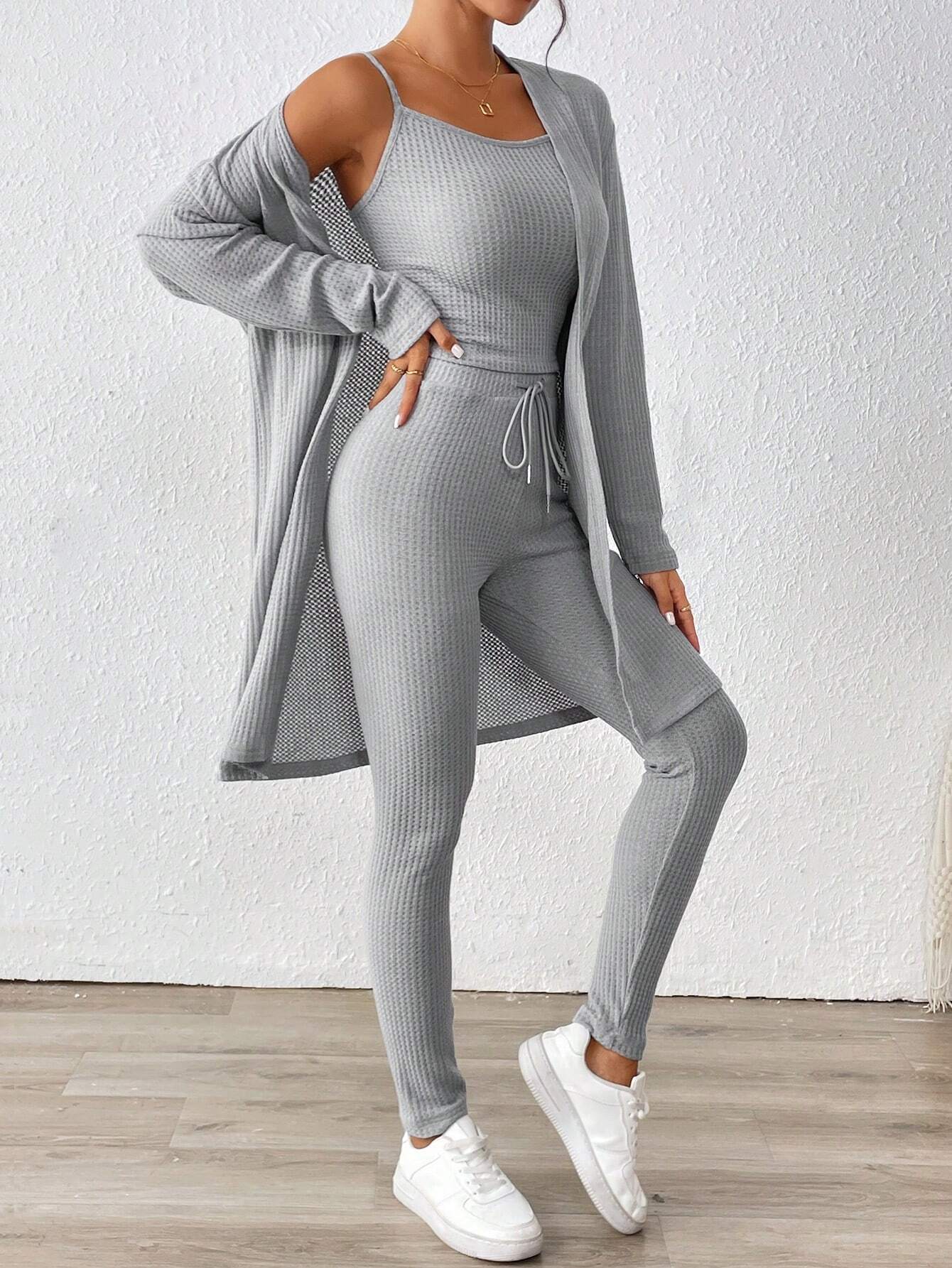 Essnce Women'S Ribbed Cardigan With Long Sleeves, Camisole, Drawstring Waist Pants Set shein