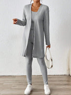 Essnce Women'S Ribbed Cardigan With Long Sleeves, Camisole, Drawstring Waist Pants Set shein