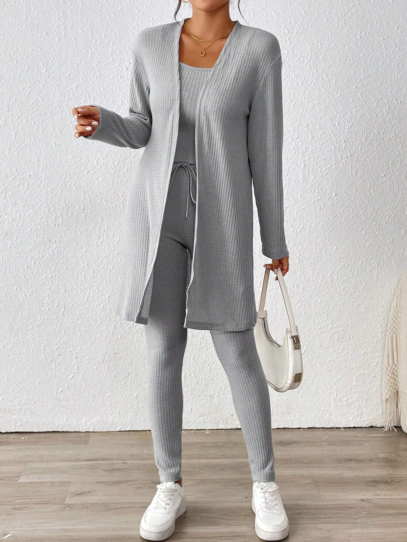 Essnce Women'S Ribbed Cardigan With Long Sleeves, Camisole, Drawstring Waist Pants Set shein