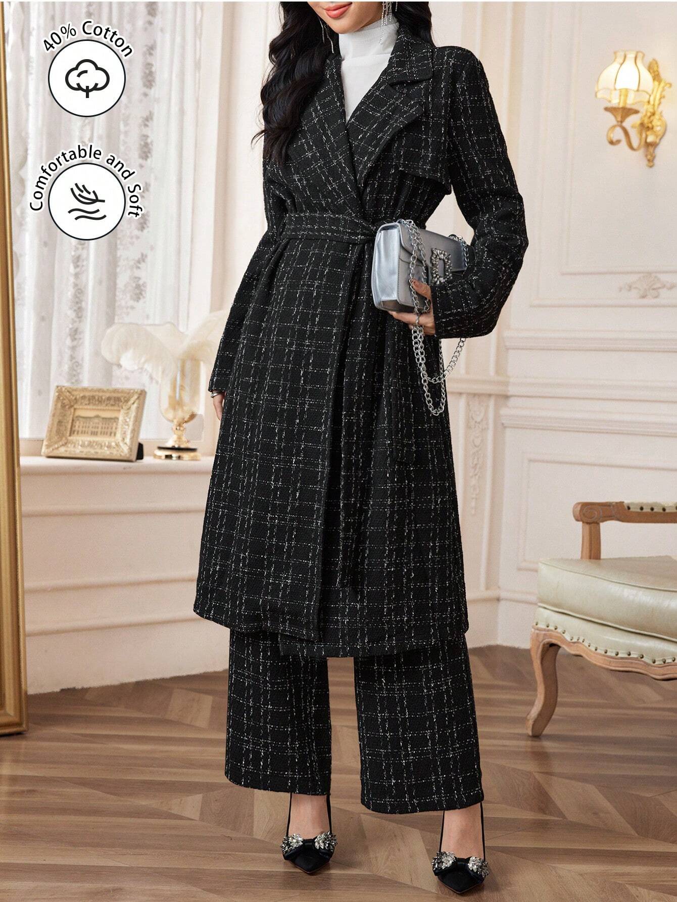 Modely 2pcs Elegant Women Plaid Crew Neck Long Sleeve Jacket And Pants Set shein