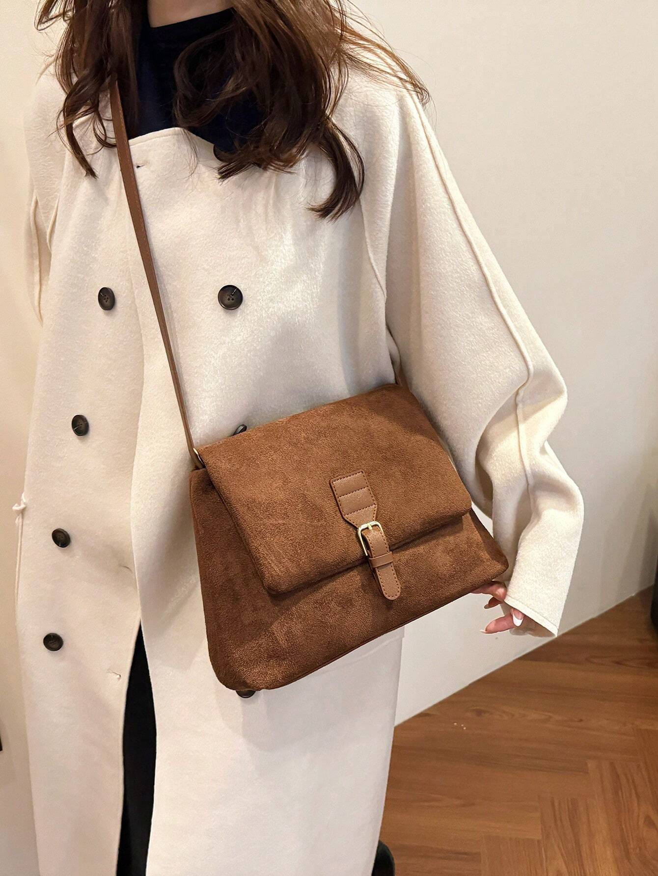 Vintage Texture Flap Shoulder Bag, Buckle Decor Crossbody Commuter Bag shein