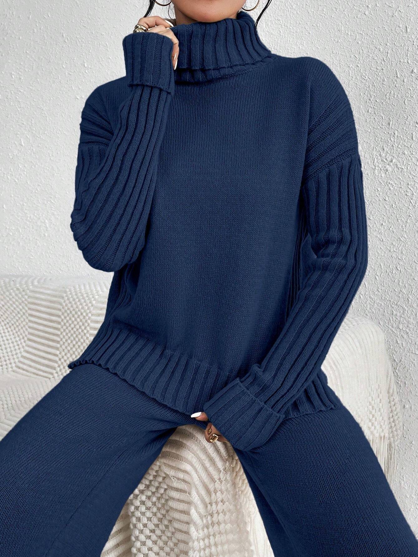 Essnce 2pcs/Set Women Casual High Neck Drop Shoulder Sweater And Pants shein