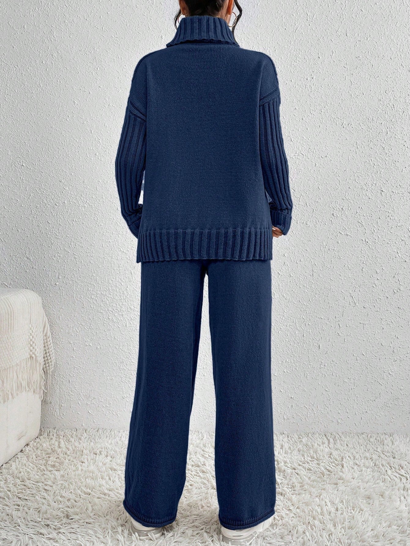 Essnce 2pcs/Set Women Casual High Neck Drop Shoulder Sweater And Pants shein