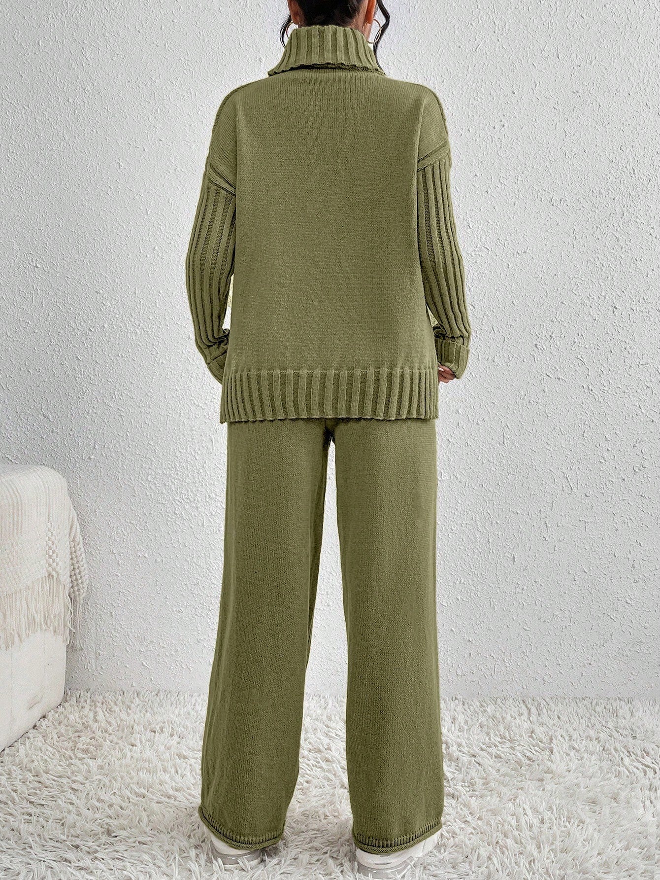 Essnce 2pcs/Set Women Casual High Neck Drop Shoulder Sweater And Pants shein