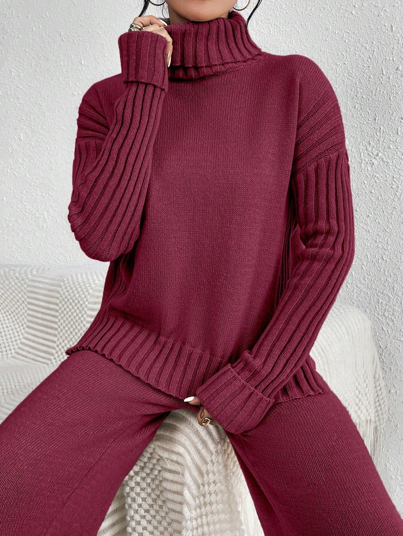Essnce 2pcs/Set Women Casual High Neck Drop Shoulder Sweater And Pants shein