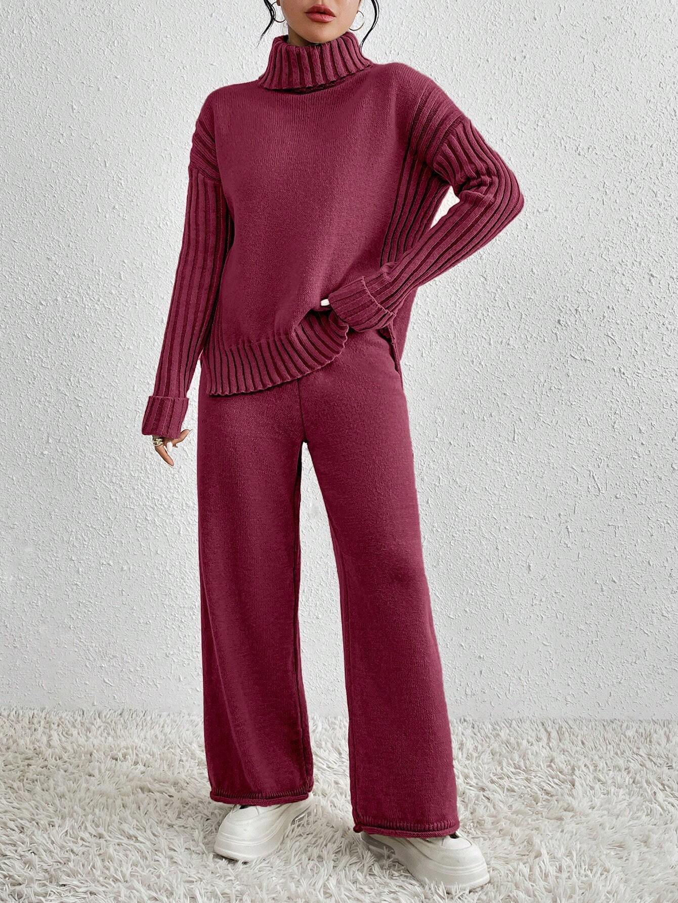 Essnce 2pcs/Set Women Casual High Neck Drop Shoulder Sweater And Pants shein