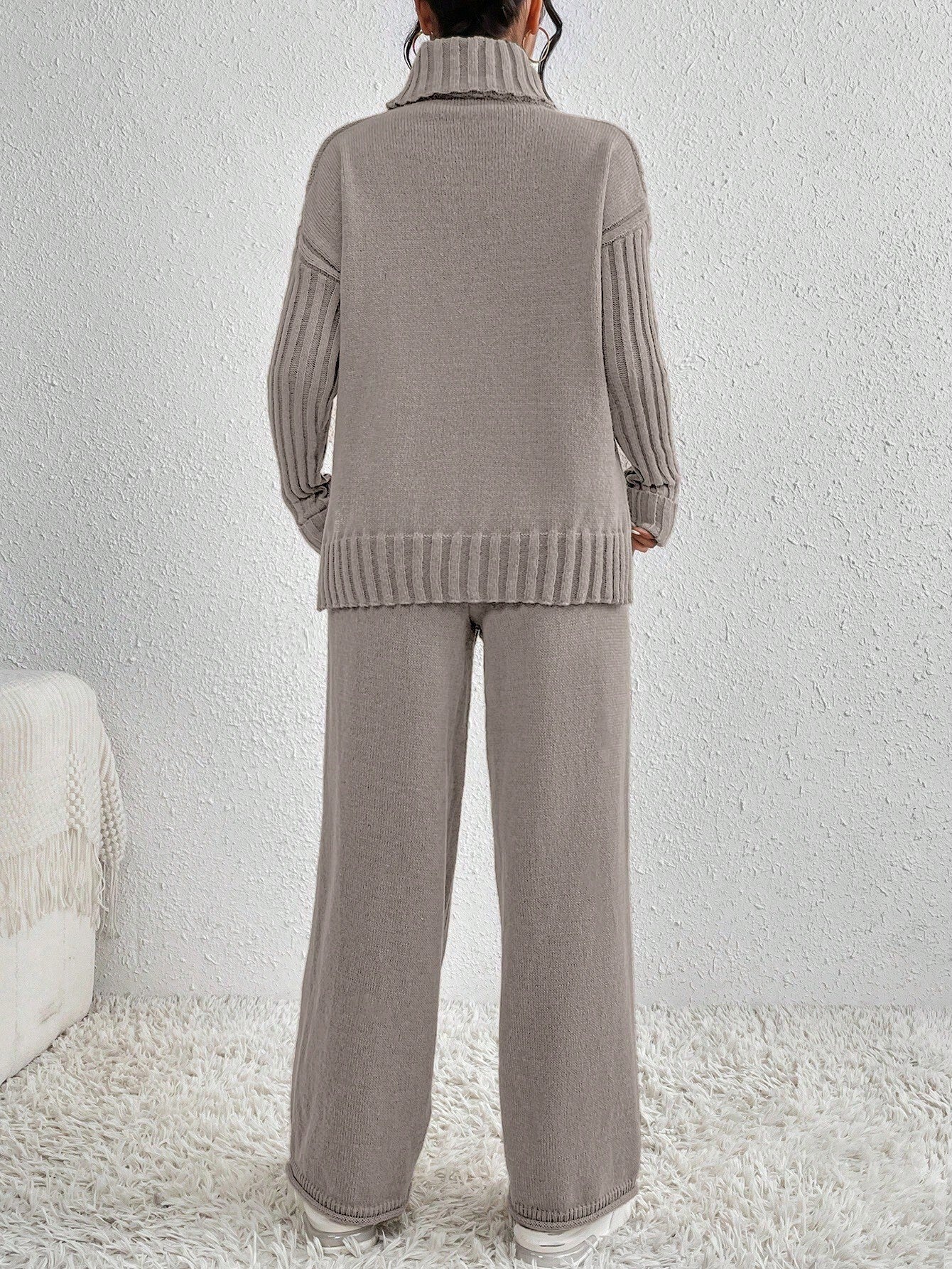 Essnce 2pcs/Set Women Casual High Neck Drop Shoulder Sweater And Pants shein