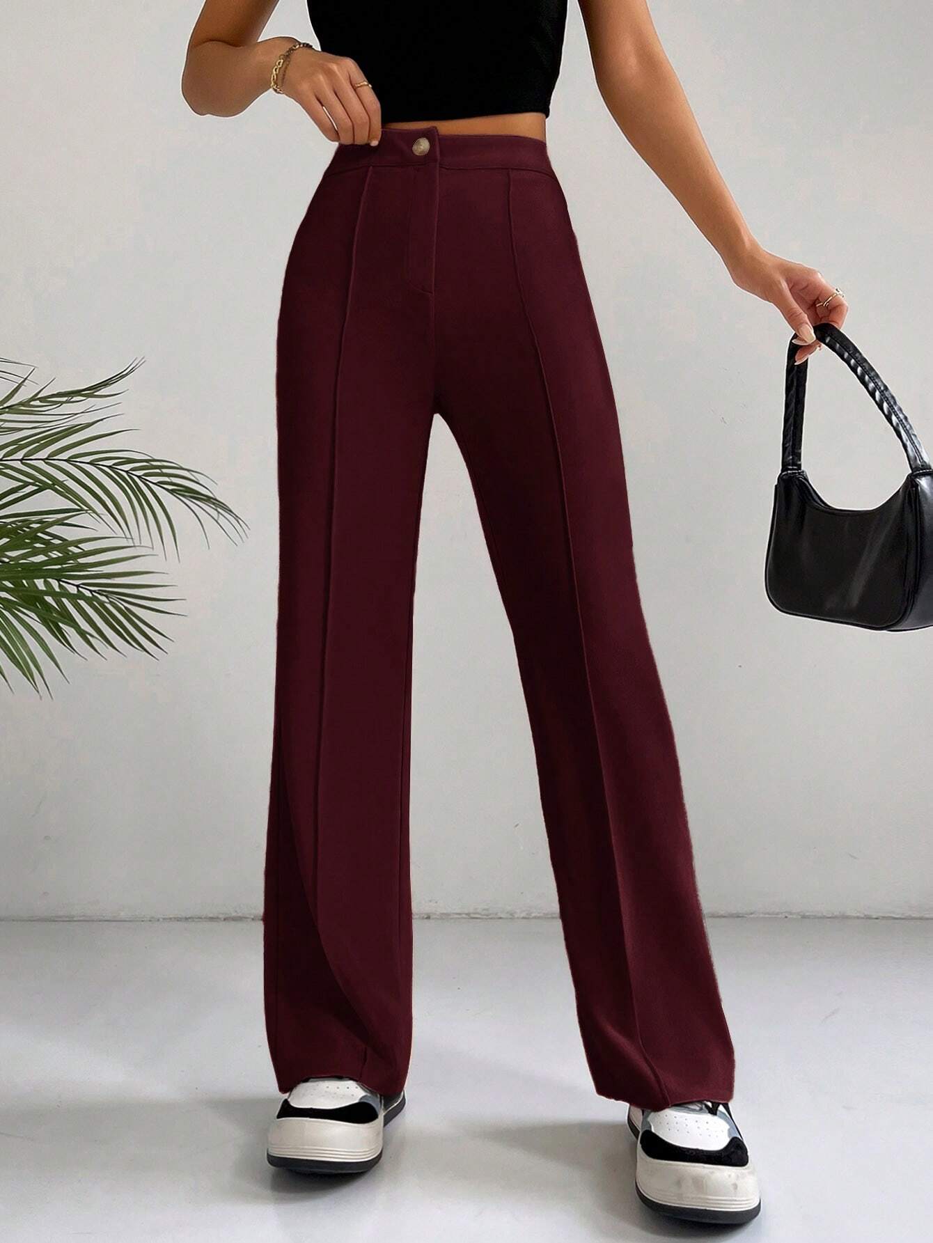 EZwear Y2k Solid Zipper Fly Seam Detail Pants Flare Leggings shein