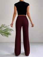 EZwear Y2k Solid Zipper Fly Seam Detail Pants Flare Leggings shein