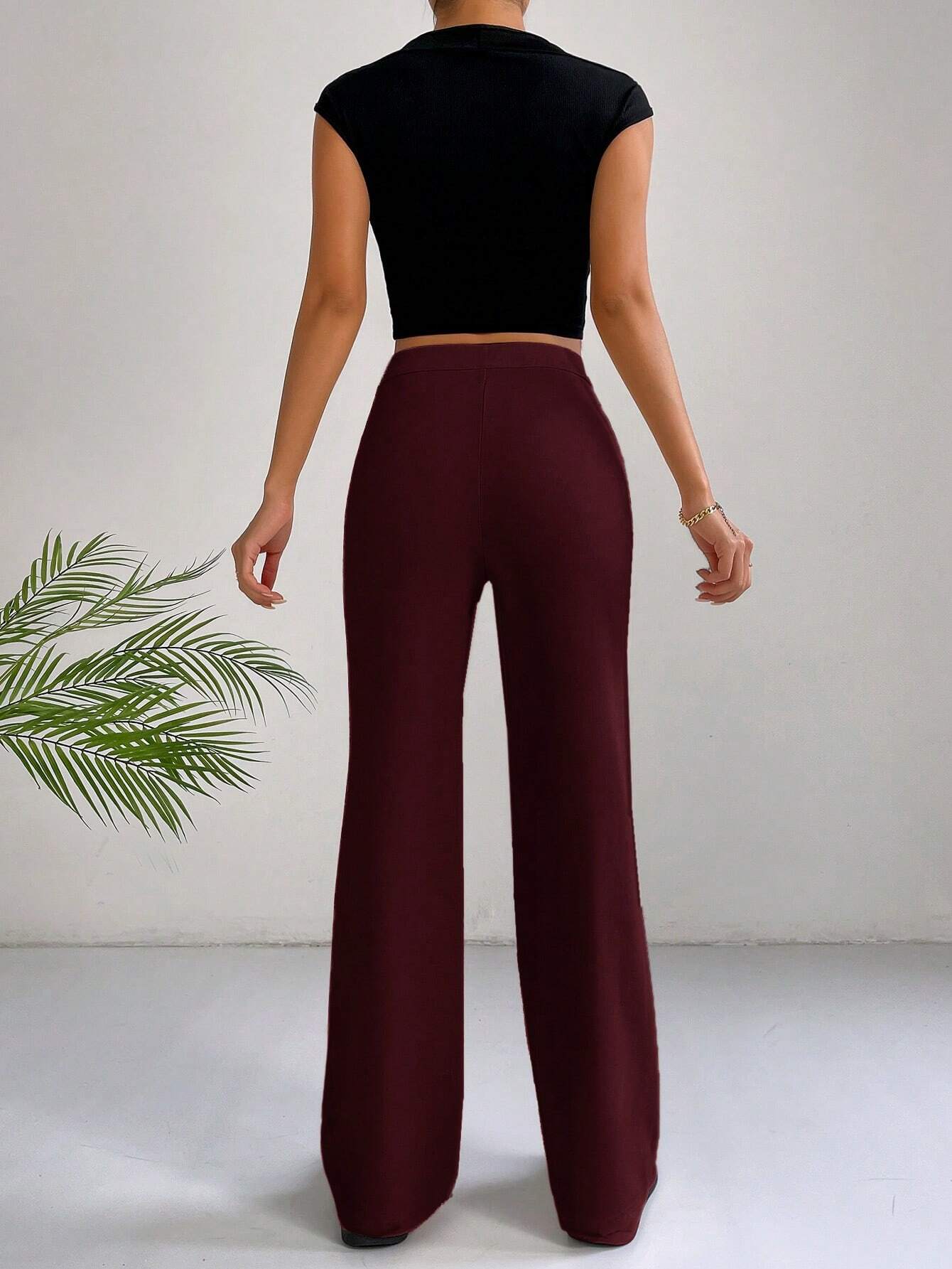 EZwear Y2k Solid Zipper Fly Seam Detail Pants Flare Leggings shein