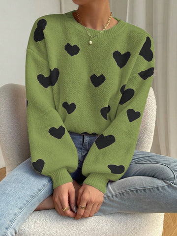 Relaxiva Women Casual Heart Pattern Dropped Shoulder Loose Knit Sweater