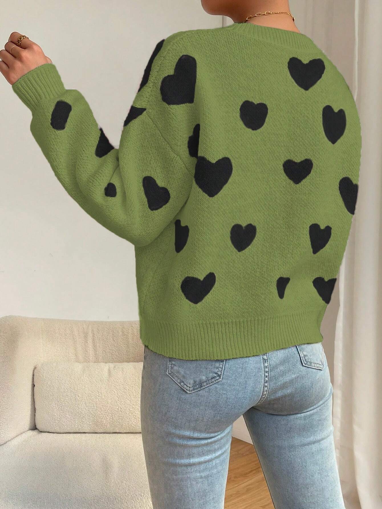 Relaxiva Women Casual Heart Pattern Dropped Shoulder Loose Knit Sweater shein