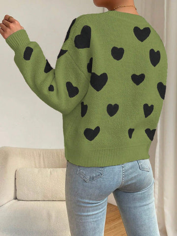 Relaxiva Women Casual Heart Pattern Dropped Shoulder Loose Knit Sweater