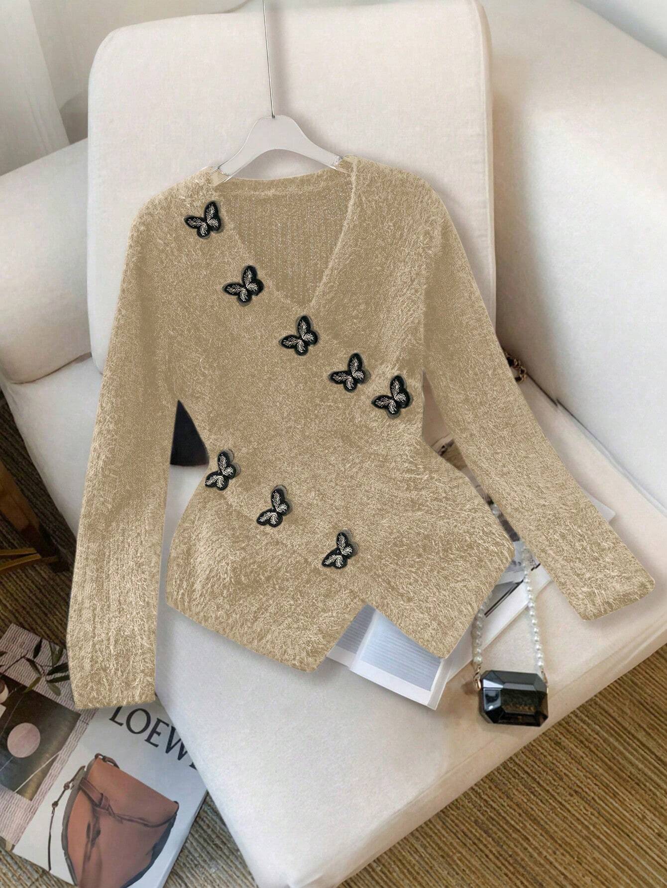 Raffinéa Women's V-Neck Long Sleeve Butterfly Embroidery Pullover Sweater shein