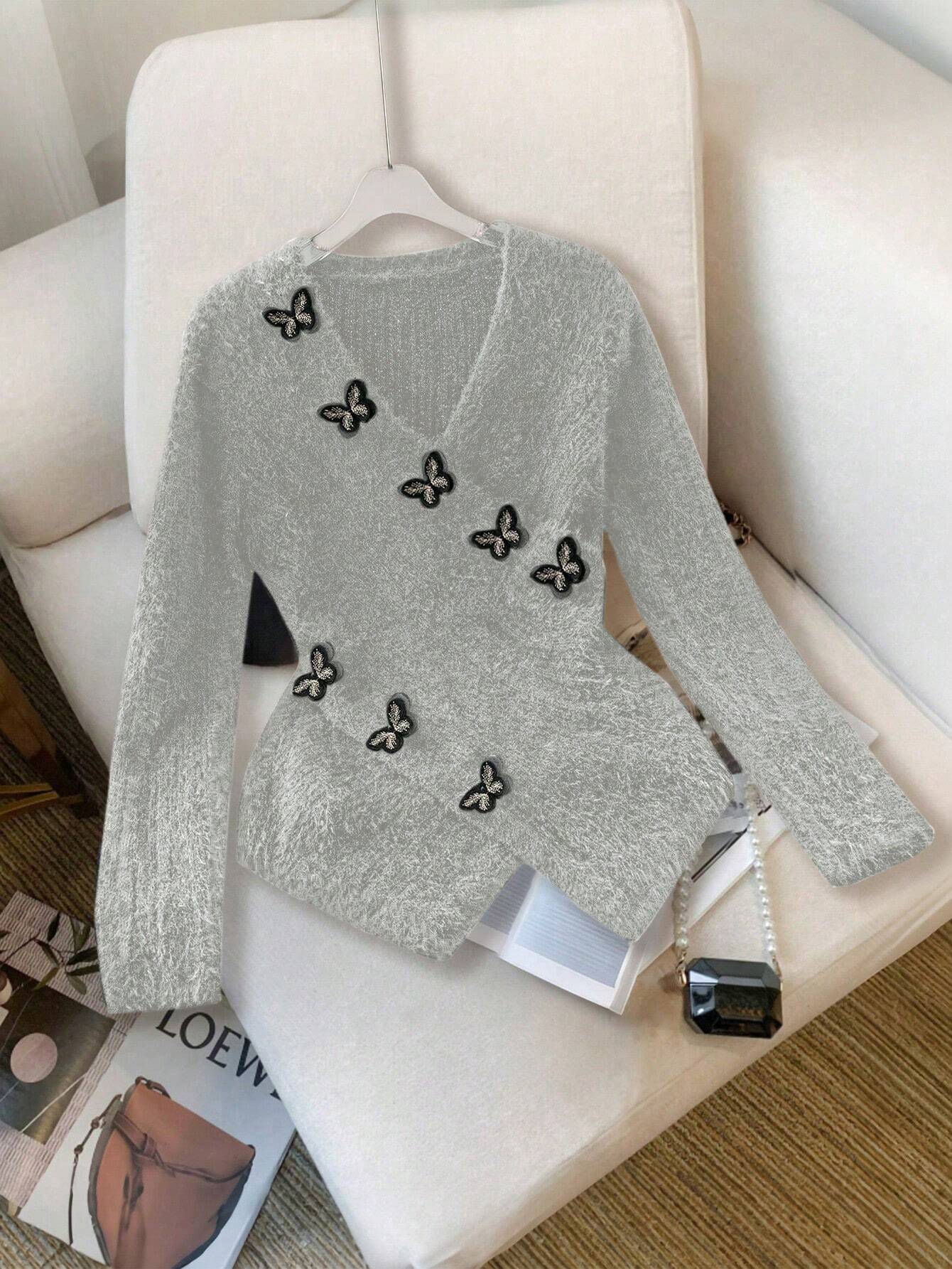 Raffinéa Women's V-Neck Long Sleeve Butterfly Embroidery Pullover Sweater shein