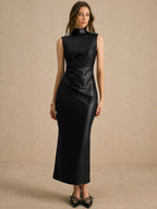 Poéselle Women's Stretch Leather Stand-Collar Pleated Midi Dress shein