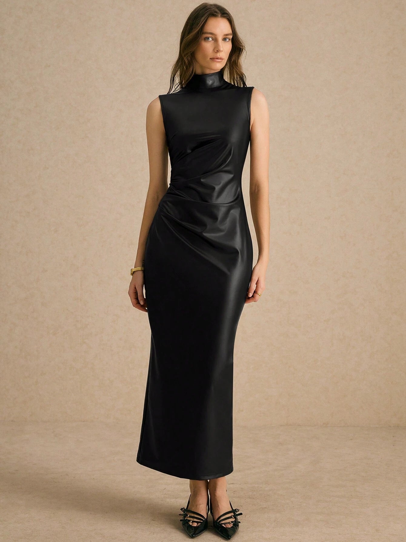 Poéselle Women's Stretch Leather Stand-Collar Pleated Midi Dress shein