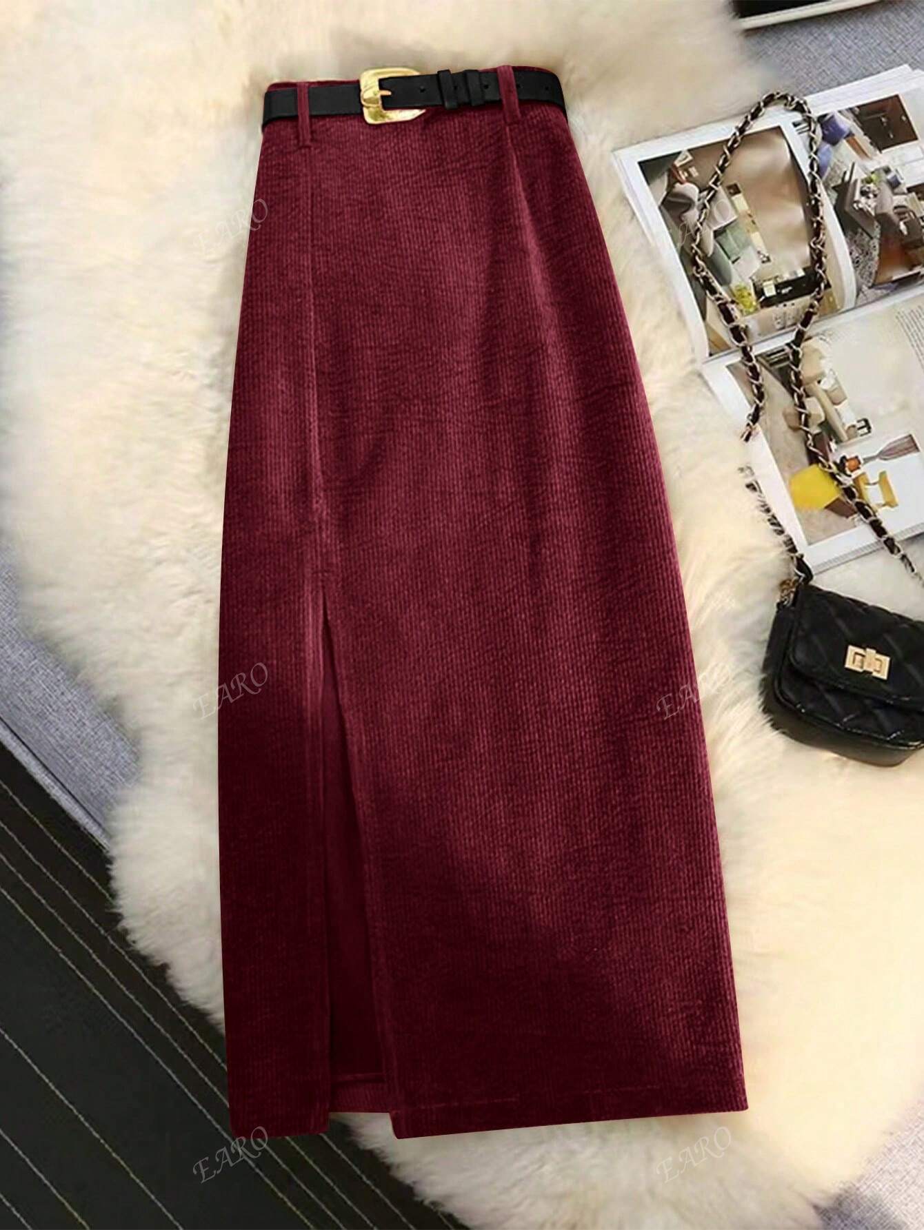 Women's Elegant Solid Color Side Slit Skirt shein