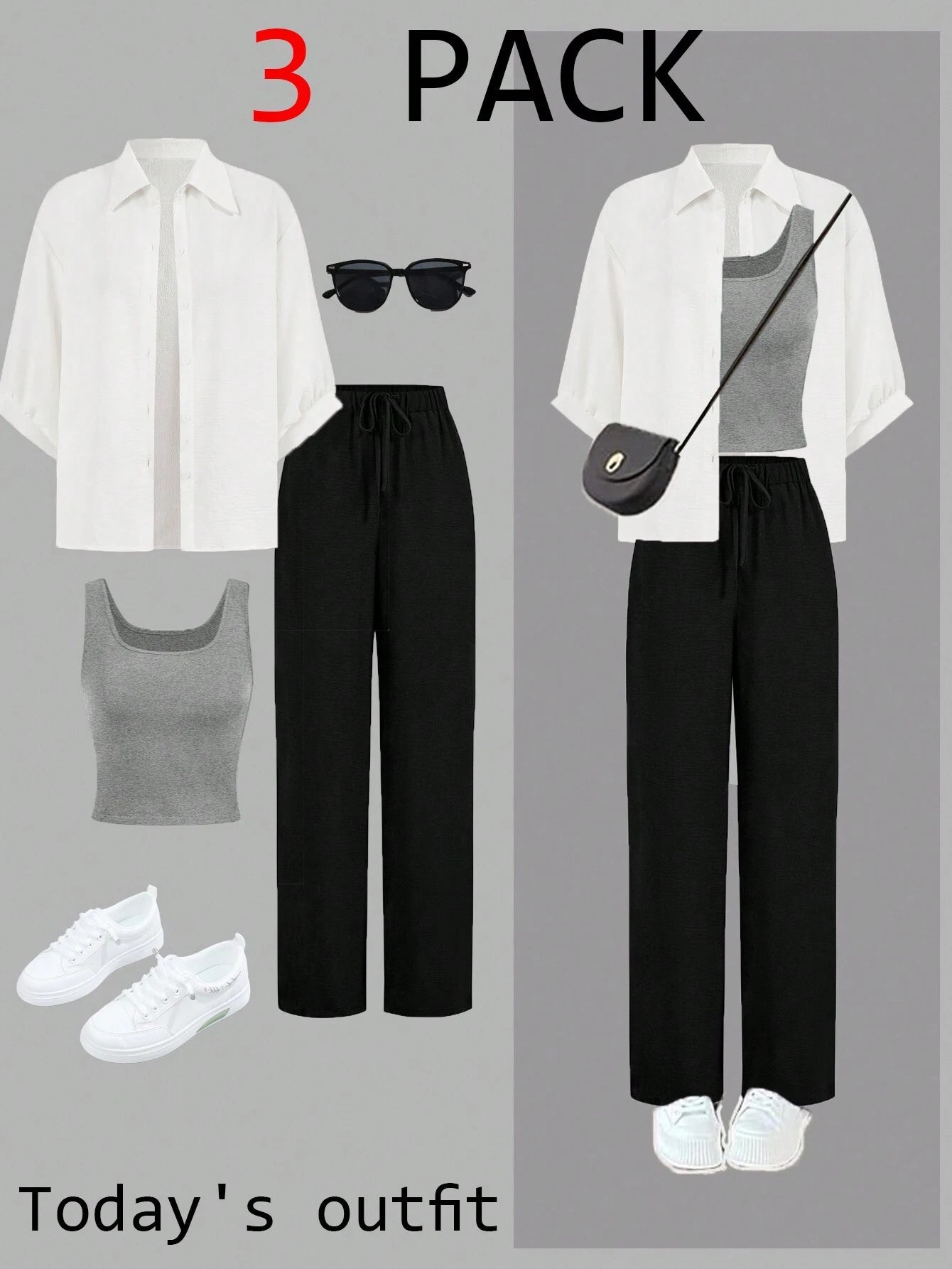 Luneh Square Neck Fitted Crop Top With Elastic Waist Bowknot Belt And Wide-Leg Pants + Vintage Leopard Print Button-Up Shirt shein