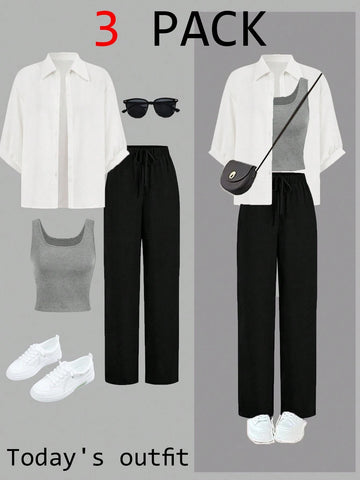 Luneh Square Neck Fitted Crop Top With Elastic Waist Bowknot Belt And Wide-Leg Pants + Vintage Leopard Print Button-Up Shirt