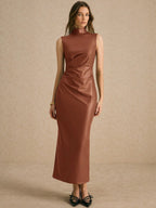 Poéselle Women's Stretch Leather Stand-Collar Pleated Midi Dress shein